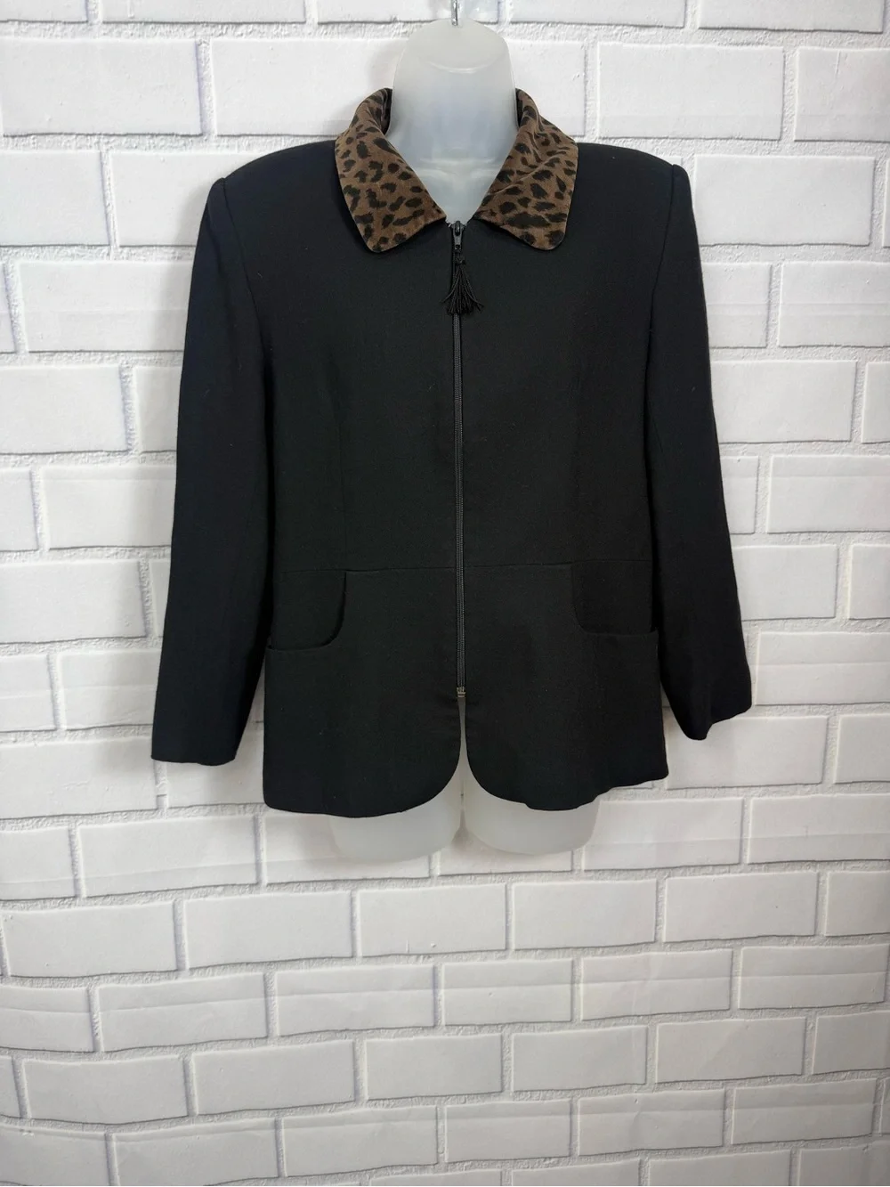 Vintage Y2K Suits Me Black Leopard Collar Zip Blazer Jacket Size 6 academia chic